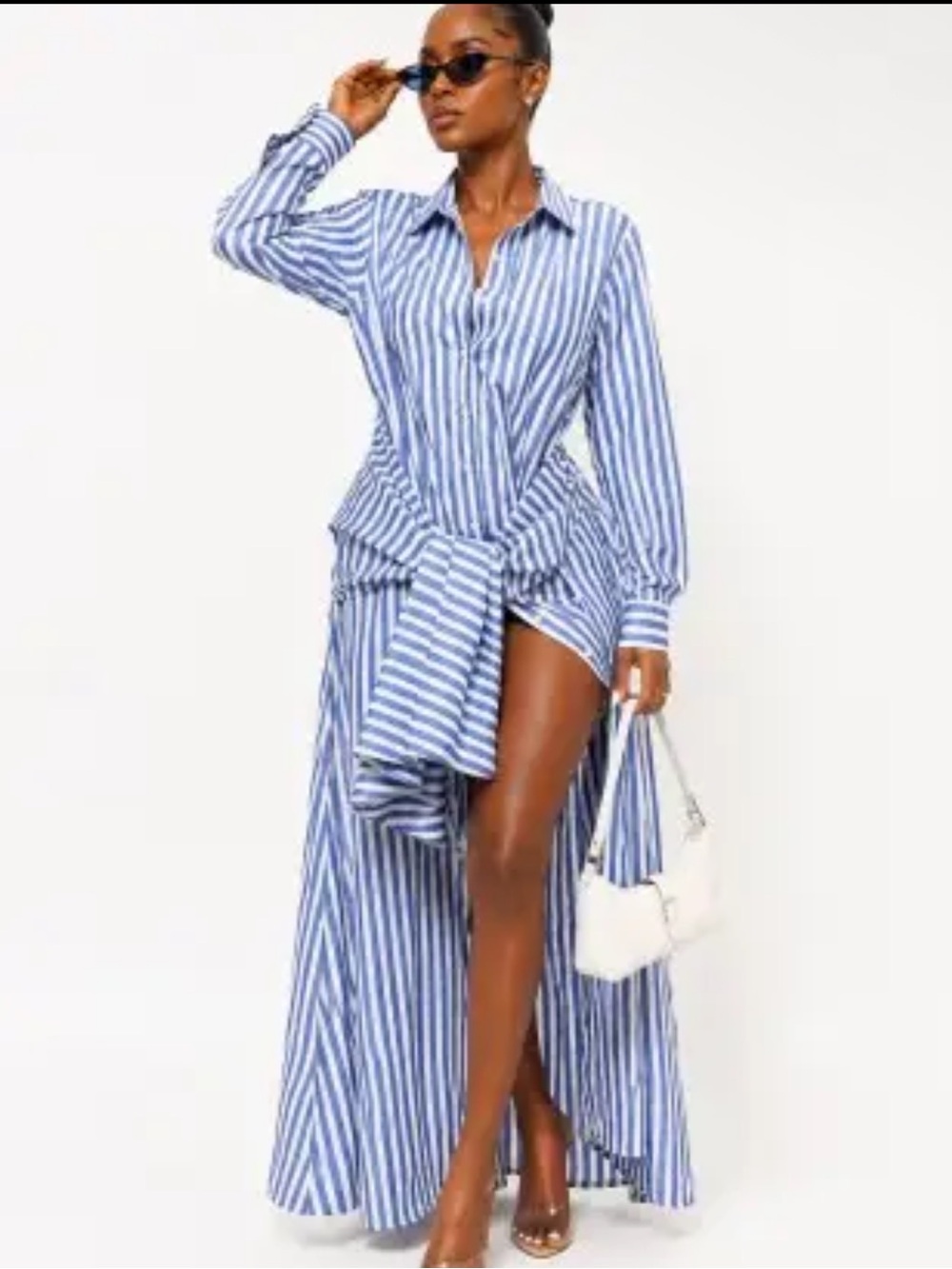 Blue and White Striped Long Sleeve Shirt Dress with High-Low Hem